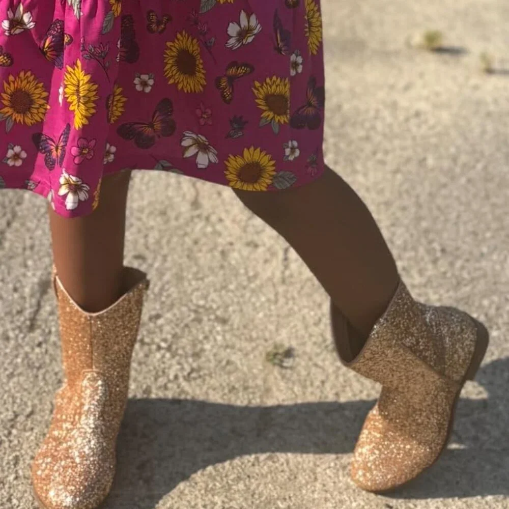🆕Girls Rose Gold Glitter Manmade Glitter Cowgirl Mid Calf Cowboy Western Boots